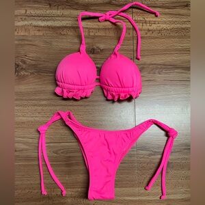 Hot Pink Ruffle Trim Brazilian Bikini Set
